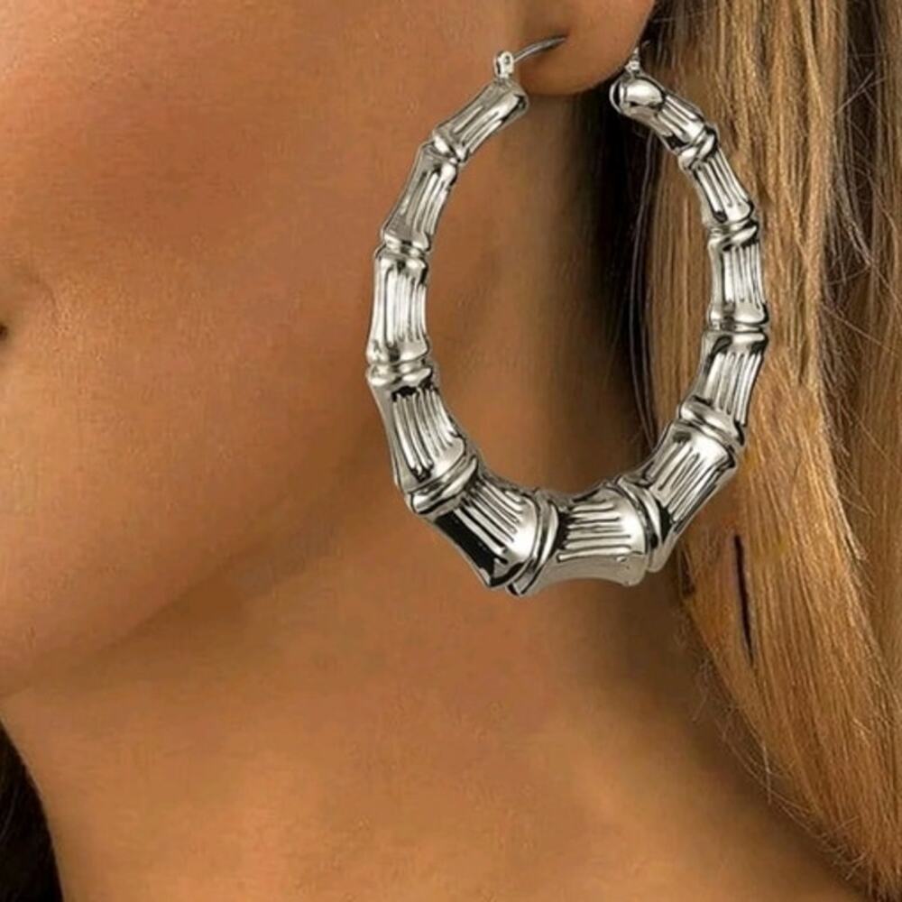 Claire's large 3' silver Tone Bamboo Textured hoop earrings NEW